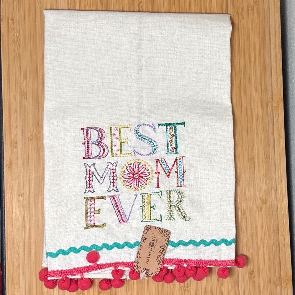 NWT Natural Life Dish Towel Cream Best Mom Ever Embroidered Pom Pom Boho
